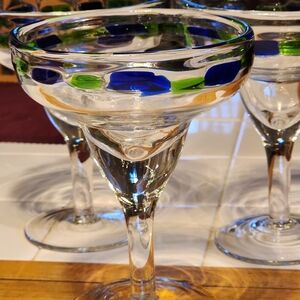 Set of 3 Mouth Blown Margarita Glasses, Royal Blue & Mint Green, $42